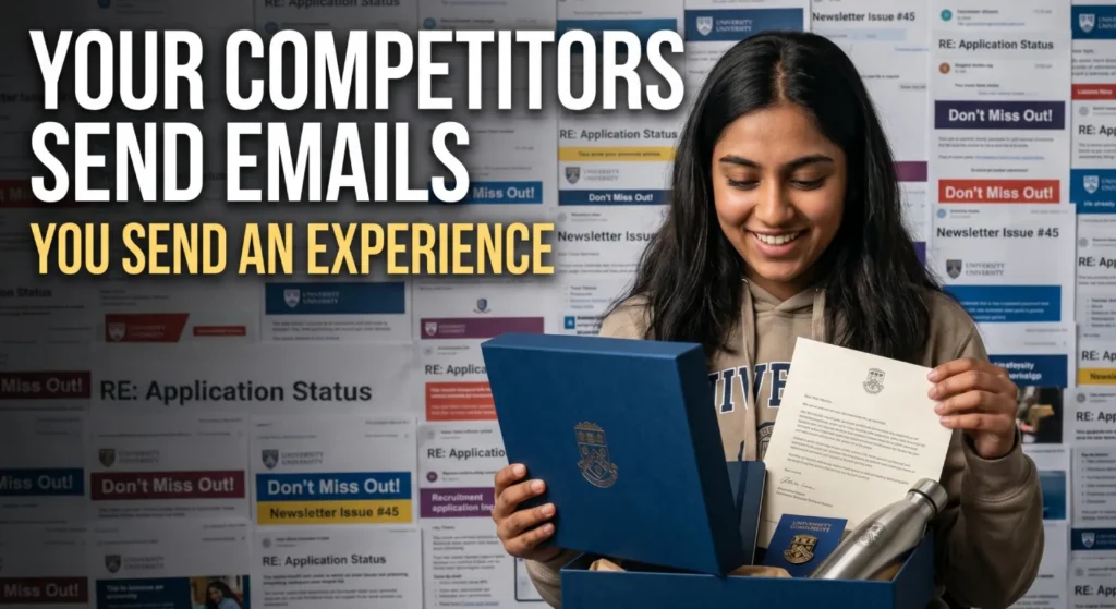 Premium university welcome package for offer holders. Student inbox vs physical university kit comparison. Branded university merchandise hoodie luggage tag