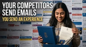 Premium university welcome package for offer holders. Student inbox vs physical university kit comparison. Branded university merchandise hoodie luggage tag
