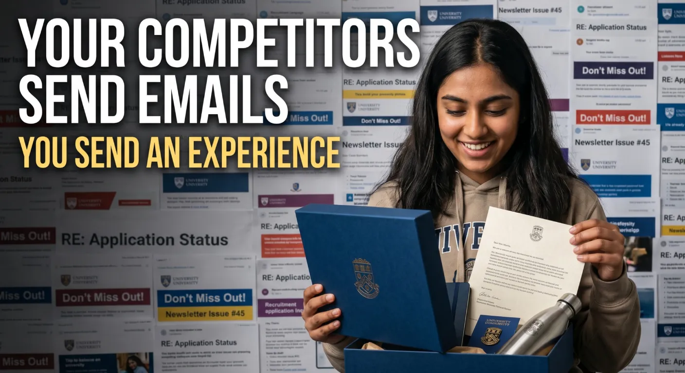 Premium university welcome package for offer holders. Student inbox vs physical university kit comparison. Branded university merchandise hoodie luggage tag